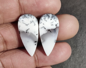 Natural Dendritic Opal Pair, Teardrop Shaped Loose Gemstone Pair 100% White Mexican Cabochon Pair 27.5x12.5x4 mm  20.55 ct