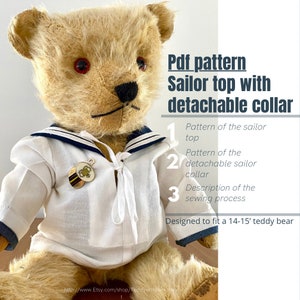 PDF Sewing Tutorial with instructions Sailor Top with detachable collar to fit a 14-15 inch teddy bear