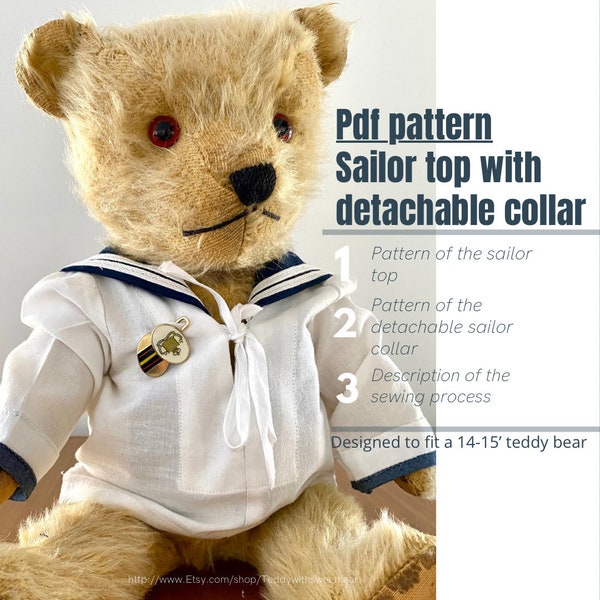 Teddy clothes Sailor Top with detachable collar Pdf Sewing Tutorial for Navy Sailor suit pattern to fit a 14-15 inch teddy bear