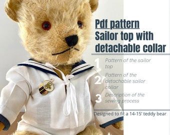 Vêtements Teddy Sailor Top avec col amovible Tutoriel de couture Pdf pour modèle de costume de marin de la marine pour s'adapter à un ours en peluche de 14 à 15 pouces