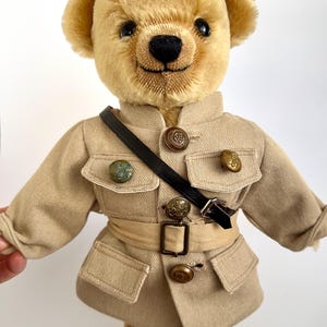 One-of-a-kind vintage teddy bear military jacket decorated with antique WWI military buttons best to fit a 14-15’’ teddy bear