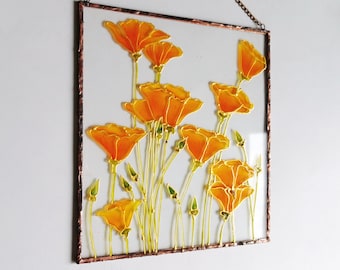 Poppy Suncatcher California Poppy Painting on Glass Art Stain Glass Window Hangings Floral Wall Decor Botanical Glass Painting