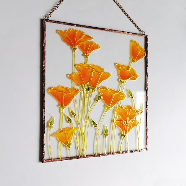 Suncatcher coquelicot coquelicot de Californie, peinture sur verre, vitrail, tentures, décoration murale florale, peinture botanique sur verre