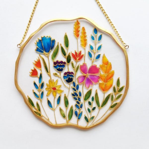 Acchiappasole floreale - Decorazione per finestra con fiori rosa dipinti a mano