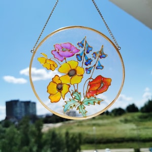 Window Hanging Stained Glass Flowers Suncatcher for Window Framed Glass Paint Window Decoration Botanical Home Decor