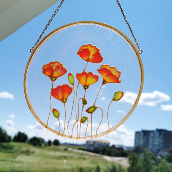 Poppies Decor Flower Window Hanging  Stained Glass Botanical Glass Art Flowers Suncatcher Stained Glass Painting Wildflowers Suncatcher