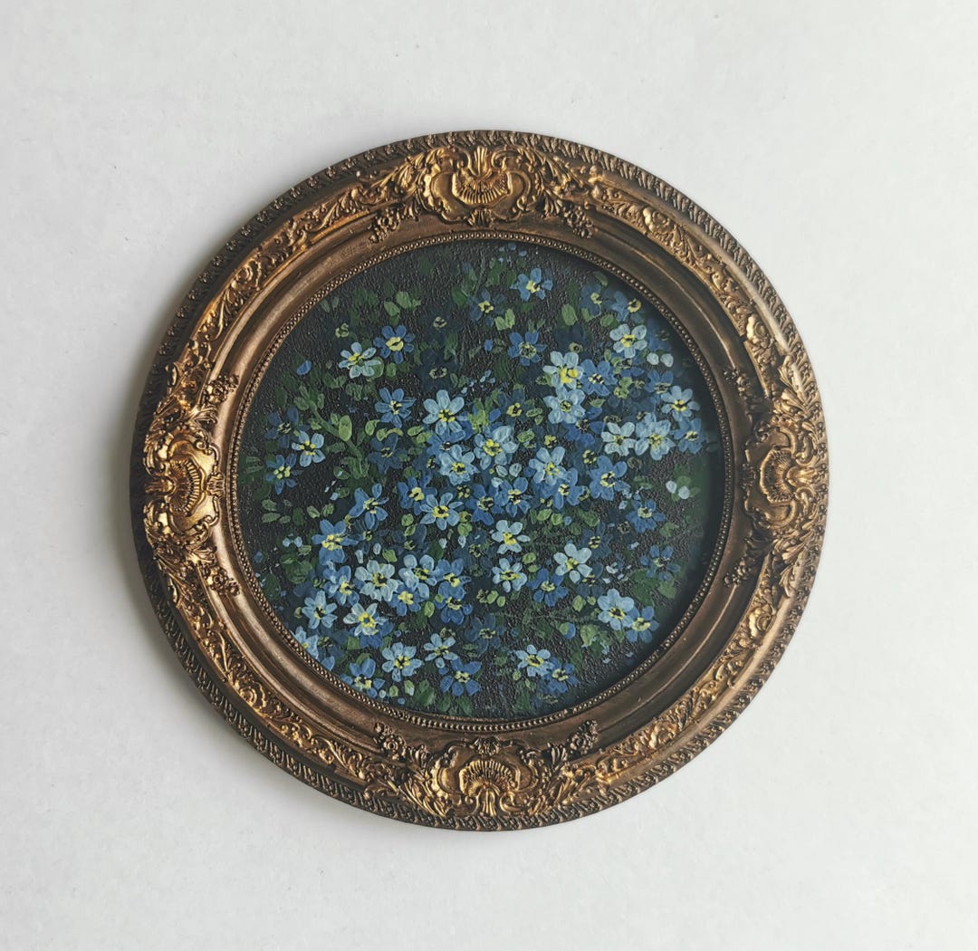 Handmade Blue Wildflower Painting, Ornate Gold Vintage Frame, Botanical Wall Art