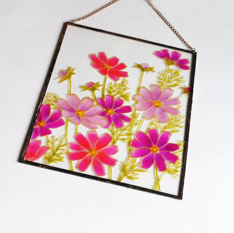 Stained Glass Cosmos Flower Suncatcher Wildflower Window Hanging Hand-Painted Botanical Glass Art Floral Sun Catcher for Home Decor