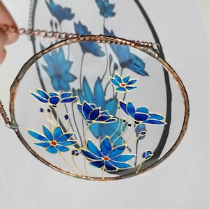 Blue Wildflower Stained Glass Suncatcher, Handmade Floral Window Hanging, Botanical Glass Art, Wildflowers Window Decor, Sun Catcher Gift