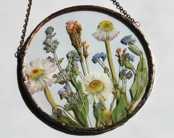 Pressed Flower Art in Glass Frame Botanical Wall Hanging Real Dried Flowers Decor Handmade Floral Suncatcher