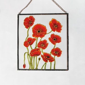 Stain Glass Window Suncatcher Poppy Sun Catcher Stained Glass Window Hangings Flower Window Decor Floral Glass Painting on Glass