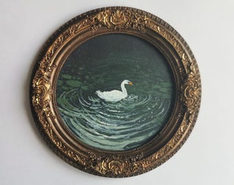 Hand-painted Swan Lake Artwork, Ornate Vintage Round Frame, Cottagecore Nature Decor