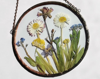 Framed Stained Glass Pressed Flower Frame Dried Flower Hanging Decor Botanical Art Hangings Herbarium Framed Flower