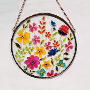Colorful Stained Glass Suncatcher Hand Painted Floral Art in Round Frame  Window Hanging Gift for Her Mother&#39;s Day Decor