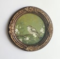 Hand-Painted Round Bird Art, Ornate Vintage Gold Frame, Nature Wall Decor