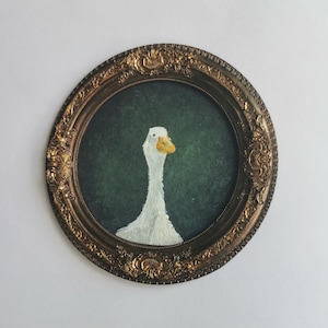 Handmade Goose Portrait Painting, Ornate Gold Round Frame, Vintage Farmhouse Art