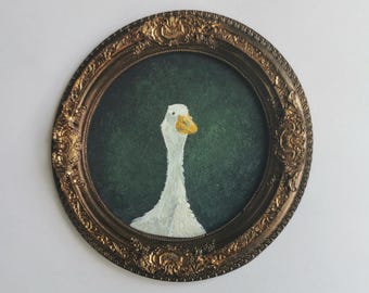 Handmade Goose Portrait Painting, Ornate Gold Round Frame, Vintage Farmhouse Art