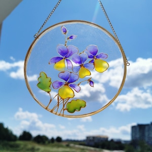 Blumen Suncatcher botanische Glaskunst violette Blume Wohnkultur Fensterglas hängen Glasmalerei Fenster hängen Handmalerei Geschenk