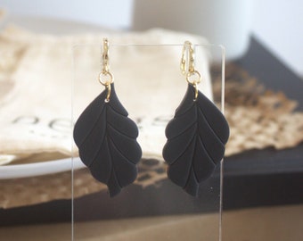 Large leaf clay drop earrings - BLACK//Large flower earrings, black drop leaf earrings, neutral handmade clay earrings, huggie clay earrings
