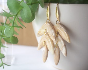 Leaf drop earrings - NEUTRAL MARBLE//Statement drop marble earrings, statement neutral earrings, marble clay gold earrings, evening earrings