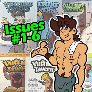 Puede incluir: Portadas de cómics para los números #1-6 de "Vulture Tavern". Las portadas presentan personajes de dibujos animados y el título en una fuente estilizada. El personaje principal es un hombre musculoso con cabello castaño.