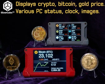 New 2023 4-in-1 WiFi crypto, gold, silver price USB monitor, CPU GPU load temp fps clock and sd card image slideshow custom 3D printed case.