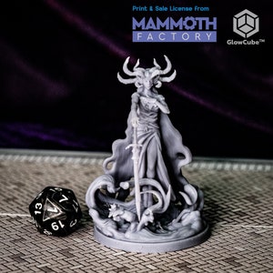 May include: A gray 3D printed miniature of a female figure with horns and a flowing robe, holding a sword. The figure is standing on a base with a wave-like design. The miniature is printed by Mammoth Factory.