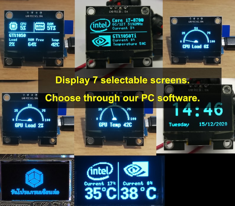 May include: A blue and black LCD screen displays seven different screens, including a clock, CPU load, GPU temperature, and system information. The text on the screen reads "Display 7 selectable screens. Choose through our PC software."