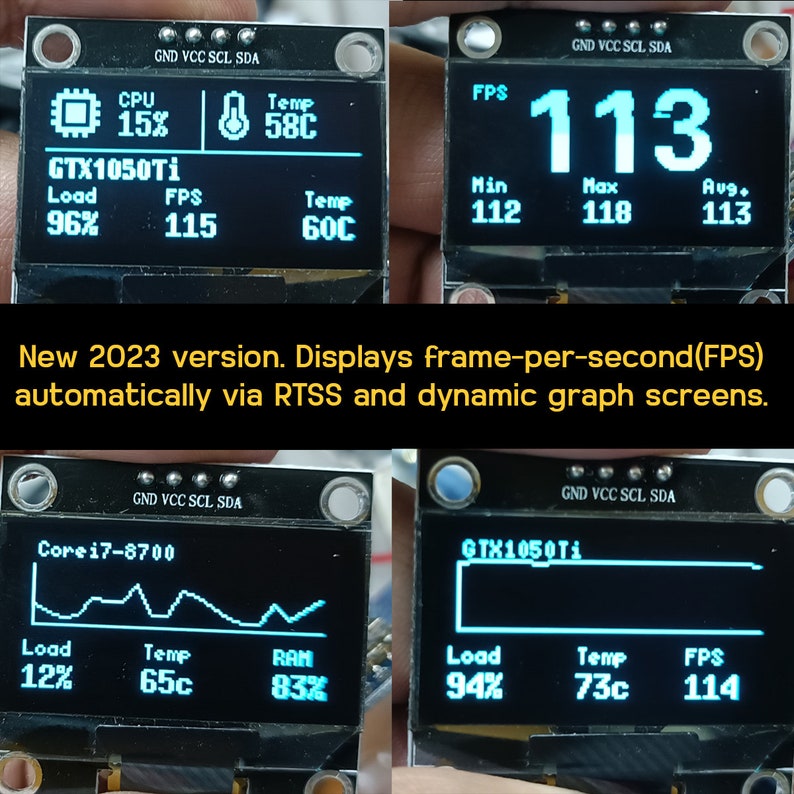 May include: Four small blue LCD screens display system performance metrics. The screens show CPU load, temperature, and FPS for a GTX1050Ti graphics card. The screens also show the load, temperature, and RAM usage for a Core i7-8700 processor. The screens are labeled with "GND VCC SCL SDA".