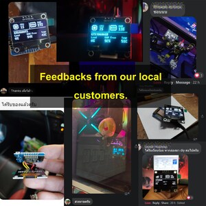 May include: A collection of customer feedback screenshots showing a blue and black electronic device with a small screen displaying text and numbers. The text on the screen reads "GTX10606GB", "Load 0%", "RAM Free 92%", "Temp 51C". The device is connected to a computer and is being used to monitor the performance of the computer's graphics card.
