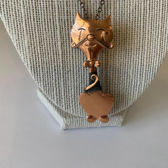 Vintage Copper Cat Wearing Bow Tie Pendant Brooch… - image 2