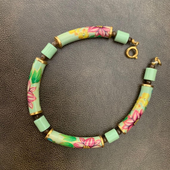 Green Cloisonne Bead Bracelet, Vintage Cloisonne Jewe… Gem