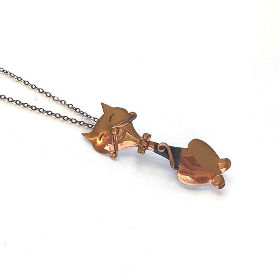 Vintage Copper Cat Wearing Bow Tie Pendant Brooch… - image 5