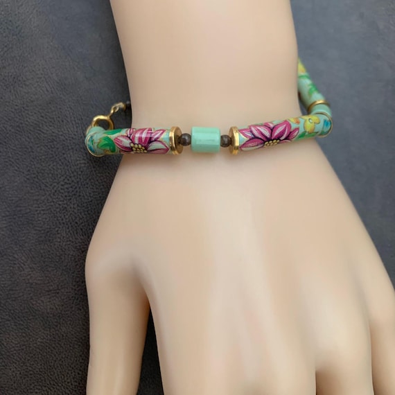 Green Cloisonne Bead Bracelet, Vintage Cloisonne … - image 2