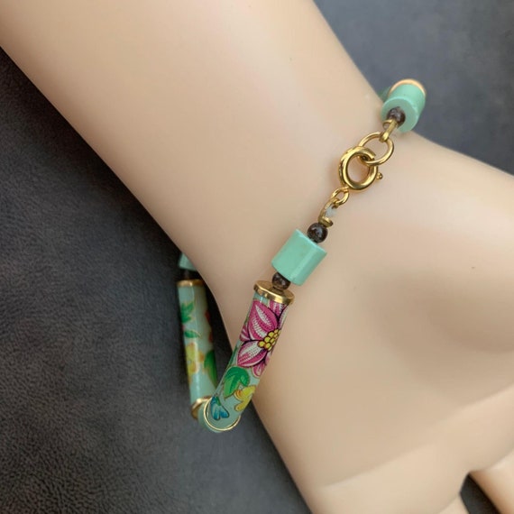 Green Cloisonne Bead Bracelet, Vintage Cloisonne … - image 3