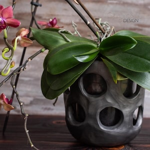 Handmade Black Pottery Orchid Pot. Decorative Minimalist Ceramic Planter
