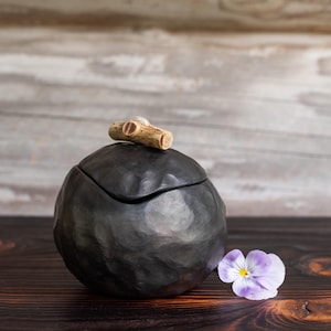 Handmade Black Pottery Pot with Lid. Wabi Sabi Modern Minimalist.
