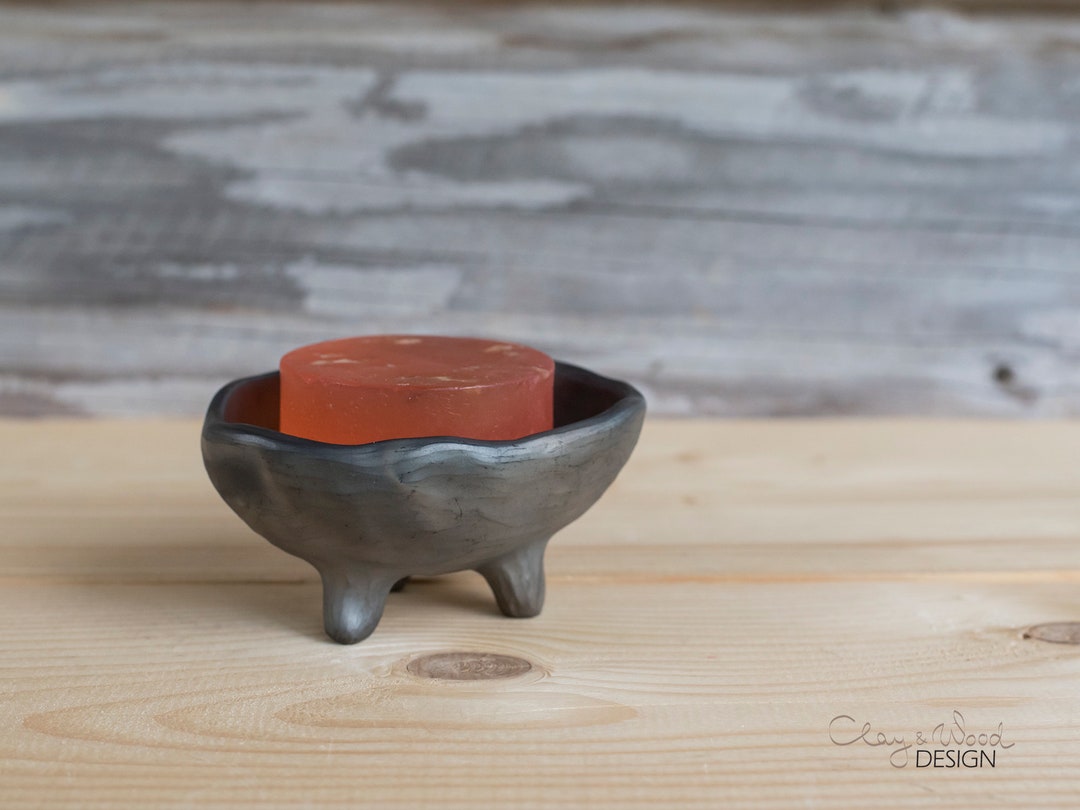 Black Ceramic Soap Dish. Handmade Soap Holder With Holes. Bathroom
