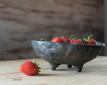 Handmade Black Pottery Serving Bowl Textured Unglazed Ceramic Tray on Legs Imperfect Tripod Dish Modern Minimalist