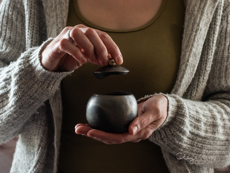 Mini Handmade Black Ceramic Cellar with Lid Small Container for Jewelry Pinch Pot of Black Pottery for Salt or Spices Nordic Minimalist image 4