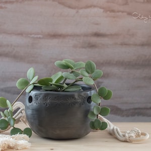 May include: A dark grey ceramic hanging planter with a green plant. The planter features star-shaped cutouts and is suspended by a cream macrame hanger. The plant has round green leaves and is placed on a wooden surface.