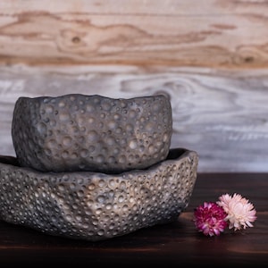 以下が含まれることがあります： 暗い木製の表面に積み重ねられた、2つのグレーのテクスチャードセラミックボウル。ボウルはユニークで、穴の開いた表面をしています。ピンクと白の色合いの2つの小さなドライフラワーがボウルの近くに配置されています。背景には木の壁があります。