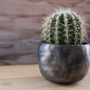 May include: A round, dark grey ceramic planter with a textured, metallic finish and a repeating spiral pattern around the rim, containing a green, spherical cactus with sharp, light-coloured spines. The text Clay & Wood DESIGN is visible.