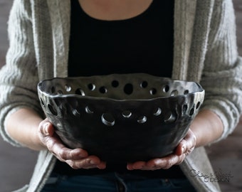 Black Large 9 Inch Handmade Ceramic Bowl with Decorative Holes Fruit Vessel Modern Kitchen Counter Decor Imperfect Beauty Exclusive Gift