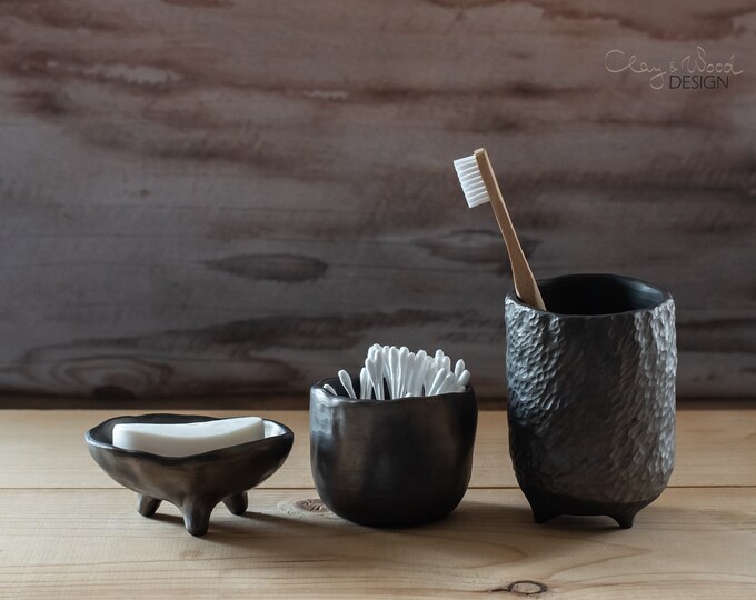 Black Ceramic Bathroom Accessories Set of 3 Items Handmade Black