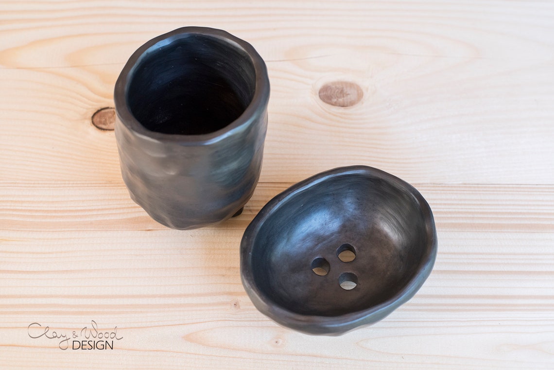 Black Ceramic Bathroom Accessories Set of 2 Items. Handmade Etsy