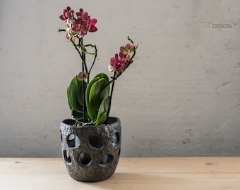 Unglazed Pot with Texture and Decorative Holes Especially Suitable for Moth Orchids Handmade Black Ceramic Planter Modern Home Accent