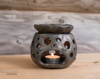 Handmade Black Pottery Candle Holder Chocolate Fondue Ceramic Set of 2 Items Essential Oil Heater Tealight Lantern Romantic Evenings