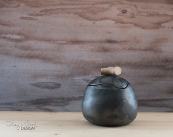 Handmade Black Ceramic Pot for Sugar or Salt with Cover and Wooden Handle Cellar with Lid Black Pottery for Modern Nordic Home Minimalist