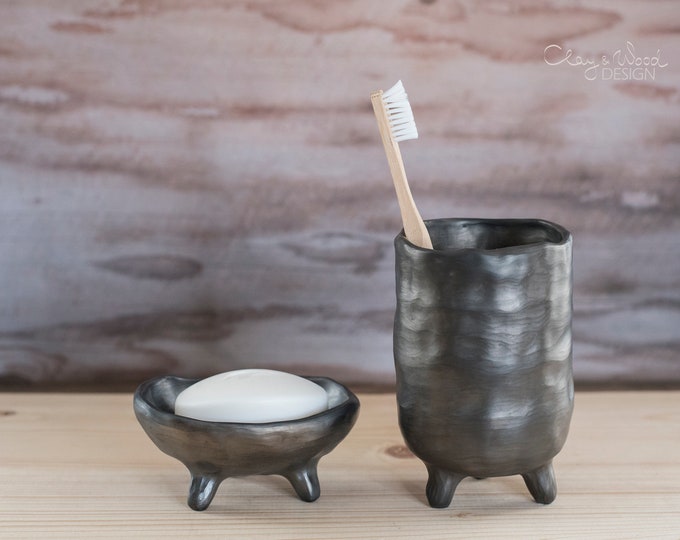 Black Ceramic Bathroom Accessories Set of 2 Items. Handmade Etsy